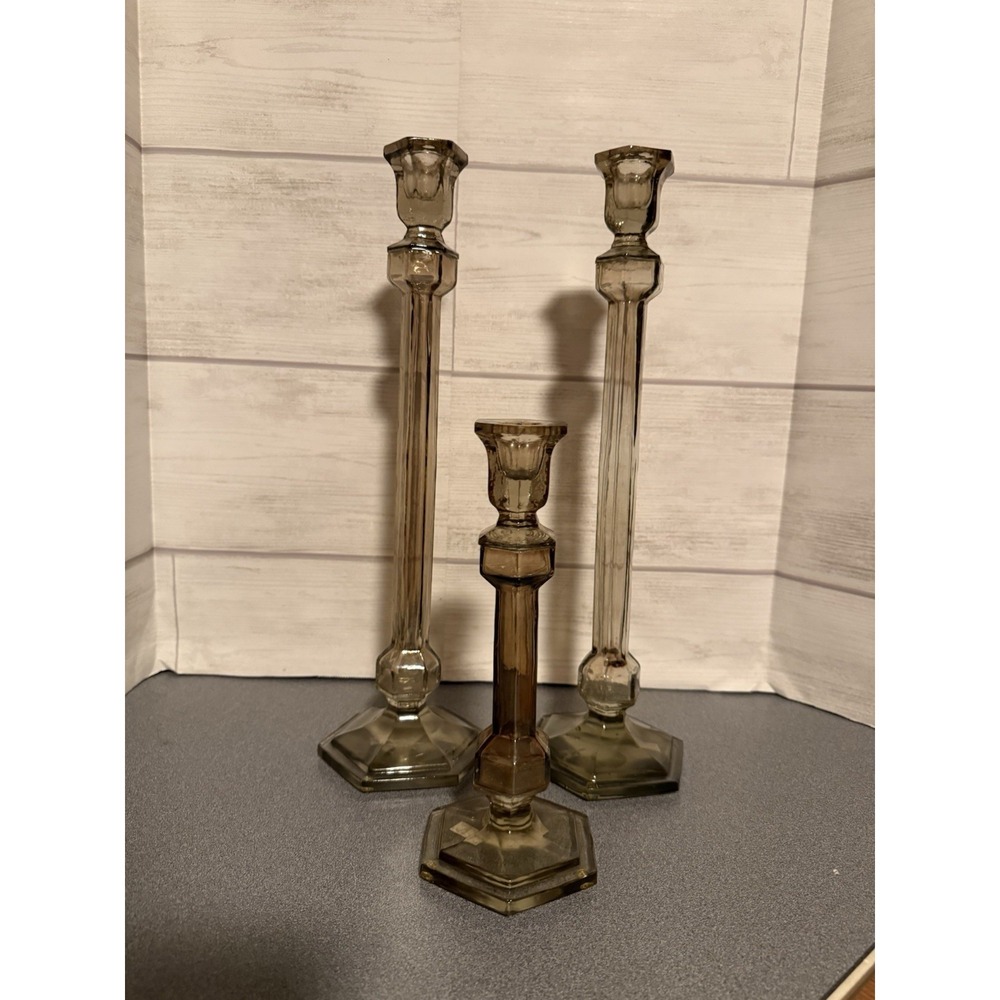 Vintage Pier 1 Imports Smoked Glass Candle Stick Holders  Set of 3 15" (2) 9" -1